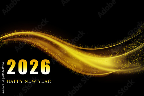 2026 Merry Christmas and Happy New Year. Abstract shiny color gold wave design element on the black background.