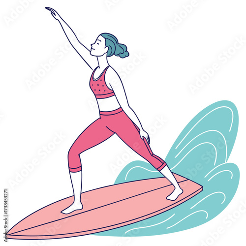 Illustration of a female surfer in pink sportswear gracefully riding a surfboard on blue stylized waves demonstrating balance and athleticism against a white background
