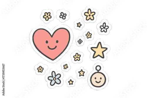 Whimsical Valentine Stickers. Whimsical doodle stickers: happy Valentine heart, tiny flowers and stars floating, cheerful doodle