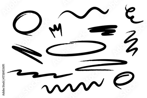 Abstract Ink Brush Strokes and Scribbles Set