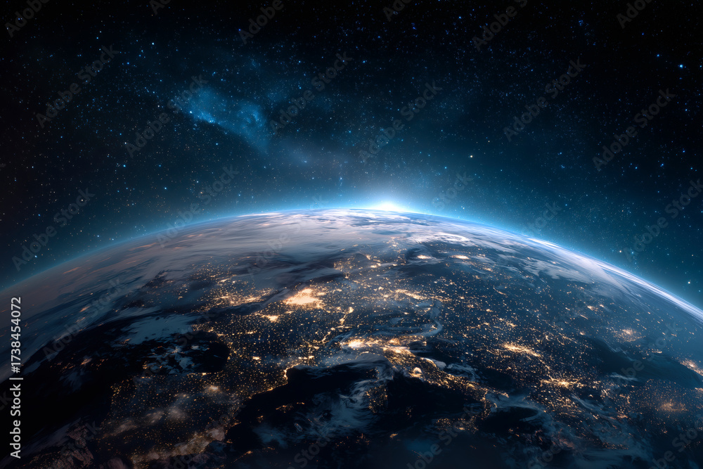 Fototapeta premium Earth from space at night with visible city lights.