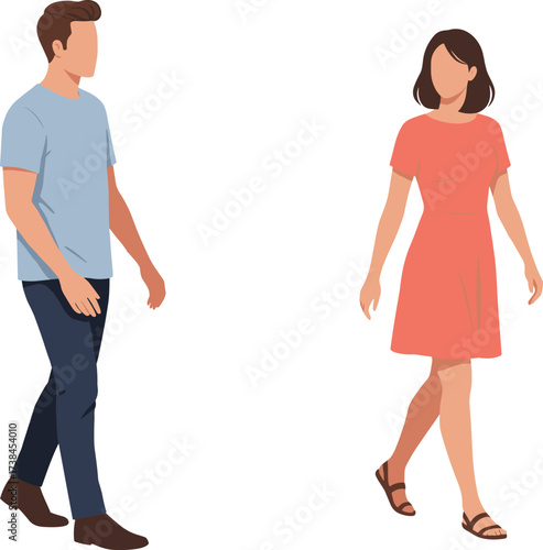 Casual walking illustration, urban lifestyle, social interaction, cartoon style, faceless characters, summer fashion, street scene, vector art, minimalist design, trendy concept