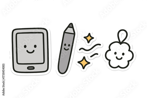 Adorable Doodle Stickers. Adorable doodle stickers: smiling tablet pen, tiny stars and doodle lines waving, cheerful doodle charm,