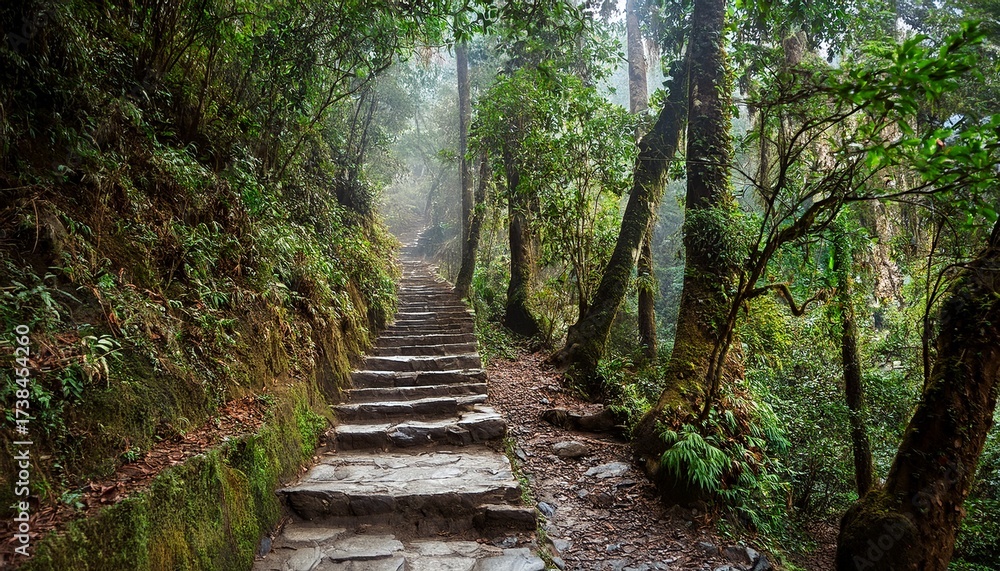 Obraz premium stone staircase along forest footpath trail through jungle in nepal annapurna trek