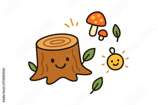 Cheerful Nature Stickers. Bright doodle stickers: smiling tree stump, tiny mushrooms and leaves floating, cheerful doodle charm,