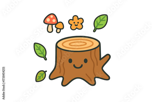 Cheerful Nature Stickers. Bright doodle stickers: smiling tree stump, tiny mushrooms and leaves floating, cheerful doodle charm,