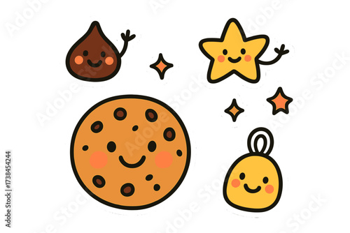 Cheerful Cookie Stickers. Bright doodle stickers: smiling cookie, tiny chocolate chips and stars waving, cheerful doodle charm,