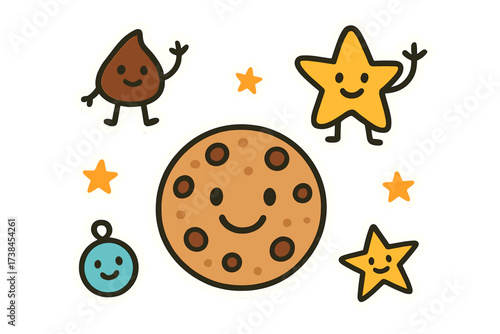 Cheerful Cookie Stickers. Bright doodle stickers: smiling cookie, tiny chocolate chips and stars waving, cheerful doodle charm,