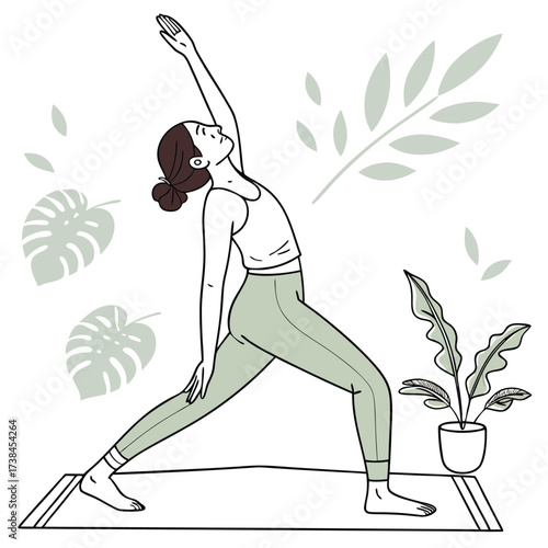 Woman practicing yoga in warrior pose surrounded by leafy plants for wellness and mindful fitness routine indoors