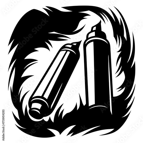 Monochrome vector art showcasing spray paint cans in dynamic, decorative background