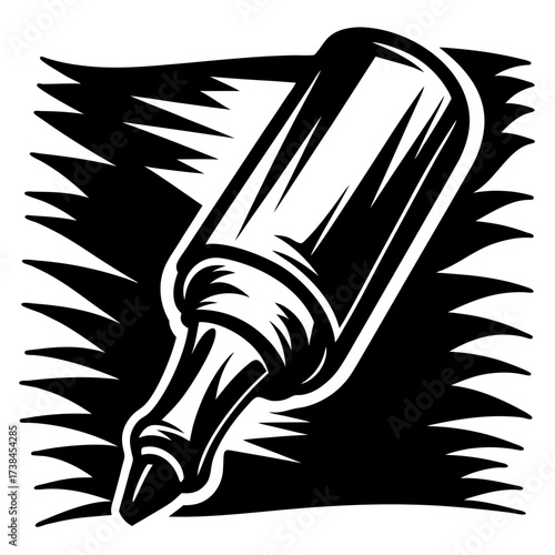 Black and white illustration of a bottle, ink drawing style artwork