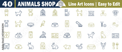 Animal Shop Icons Set. Featuring Pets and Pet Supplies Line Art, bird, parrot, turtle, fish, cage, kennel, bowl, food, collar, leash, scissors, medicine, hamster wheel, rabbit, vector illustration. 