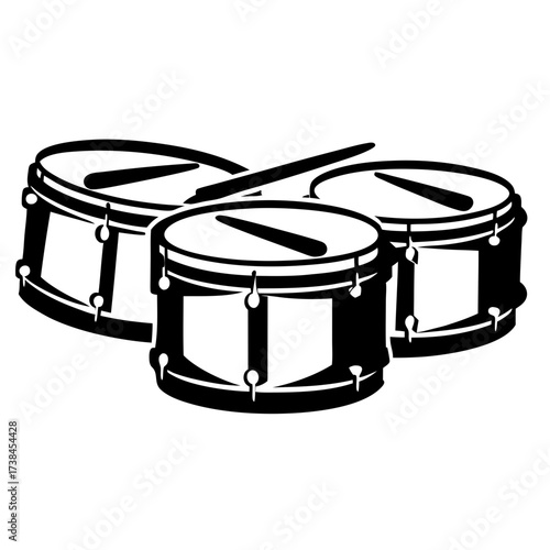 Stylized black and white illustration of a drum set with drumsticks