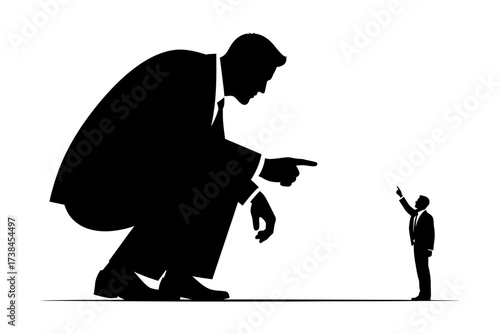 Corporate power struggle with a giant boss pointing at a small employee