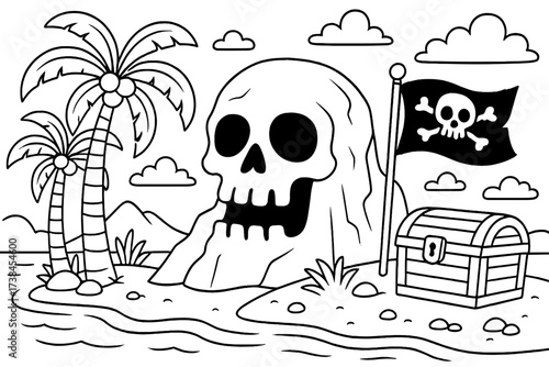 Pirate Island Adventure. Pirate island coloring page: tropical island with skull-shaped rock, treasure chest, pirate flag waving,