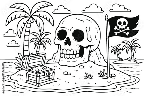 Pirate Island Adventure. Pirate island coloring page: tropical island with skull-shaped rock, treasure chest, pirate flag waving,