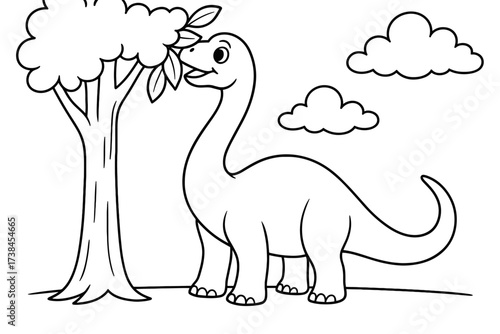 Brontosaurus Eating Leaves. Dinosaur coloring page: brontosaurus with long neck eating leaves from tall tree, clouds above, black