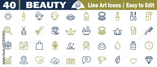 Beauty and Wellness Line Art Icons with Blue and Gold Accents vector illustration. 