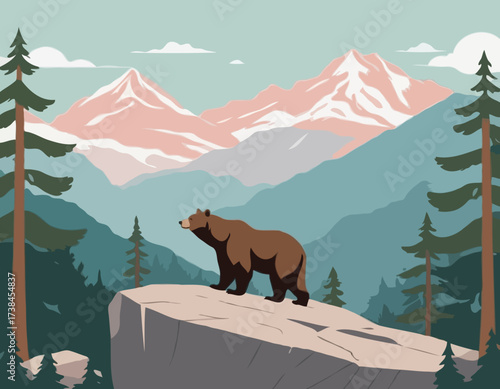 A Majestic Bear Standing on a Large Rock Amidst a Beautiful and Serene Natural Landscape vector image