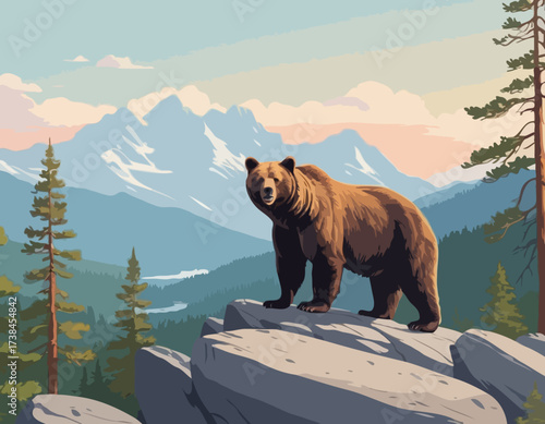 A Majestic Bear Standing on a Large Rock Amidst a Beautiful and Serene Natural Landscape vector image