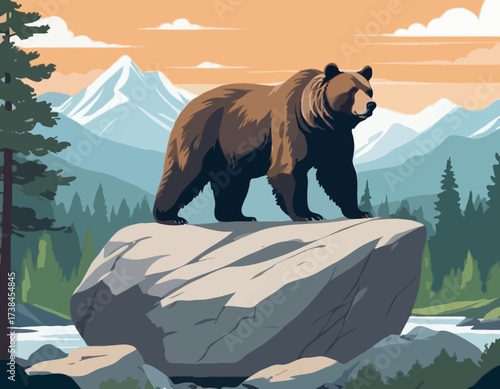 A Majestic Bear Standing on a Large Rock Amidst a Beautiful and Serene Natural Landscape vector image
