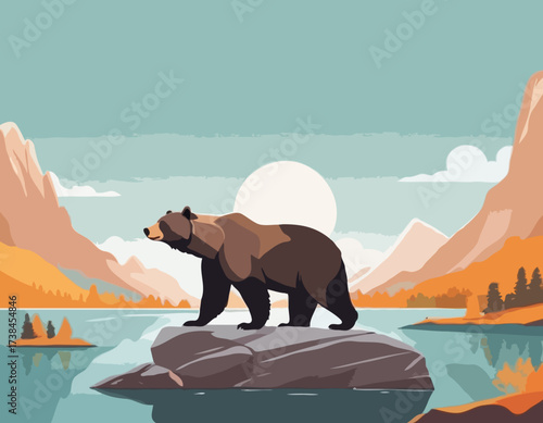 A Majestic Bear Standing on a Large Rock Amidst a Beautiful and Serene Natural Landscape vector image