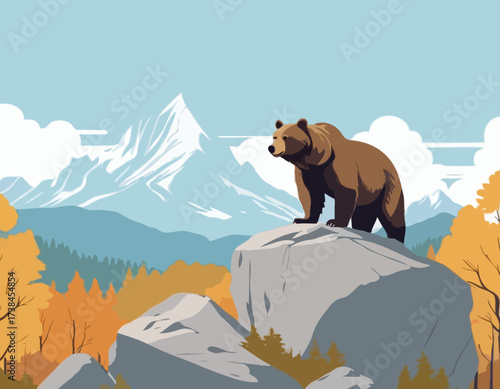 A Majestic Bear Standing on a Large Rock Amidst a Beautiful and Serene Natural Landscape vector image