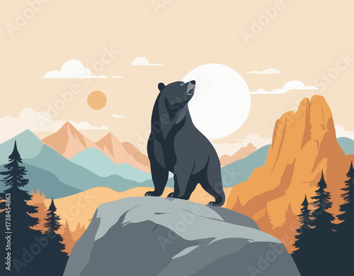 A Majestic Bear Standing on a Large Rock Amidst a Beautiful and Serene Natural Landscape vector image