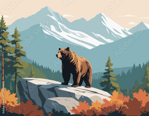 A Majestic Bear Standing on a Large Rock Amidst a Beautiful and Serene Natural Landscape vector image