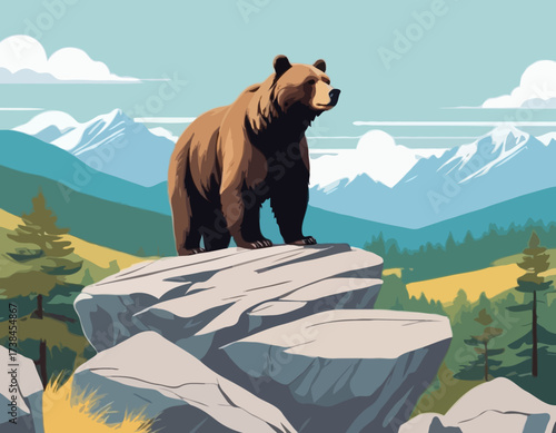 A Majestic Bear Standing on a Large Rock Amidst a Beautiful and Serene Natural Landscape vector image