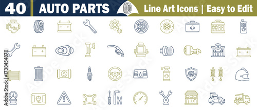 Automotive parts and tools line art icons in blue and gold car parts, vehicle, engine, tire, battery, wrench, gear, wheel, brake disc, toolbox, first aid kit, remote control,  vector illustration. 
