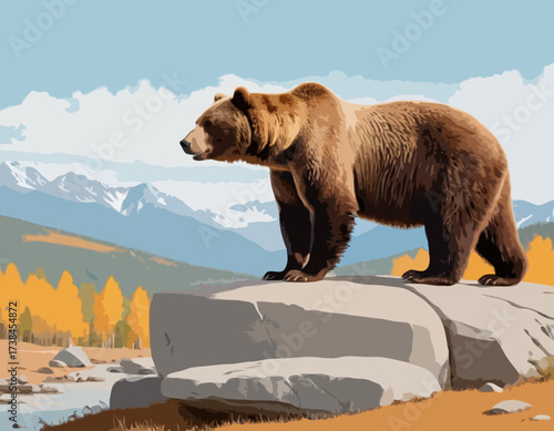 A Majestic Bear Standing on a Large Rock Amidst a Beautiful and Serene Natural Landscape vector image