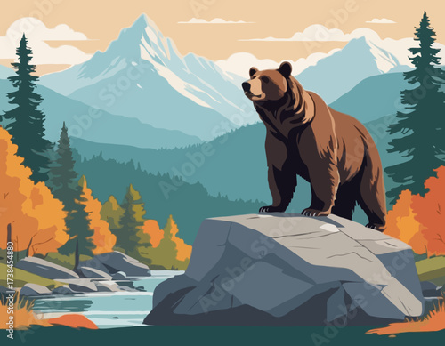 A Majestic Bear Standing on a Large Rock Amidst a Beautiful and Serene Natural Landscape vector image