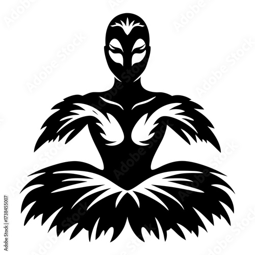 Abstract silhouette of a woman with a mask and feathered details