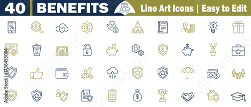 Collection of 40 line art icons representing business benefits and finance concepts vector illustration. 