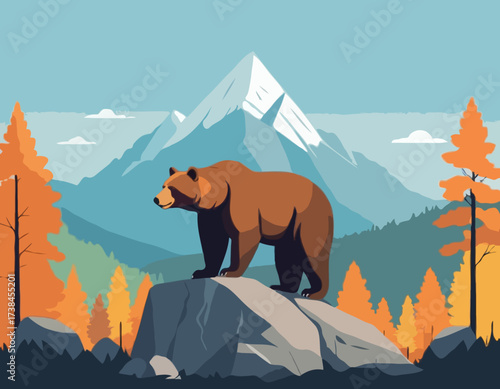 A Powerful Bear Standing Proudly on a Rock Surrounded by a Peaceful Natural Scene vector image