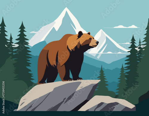 A Powerful Bear Standing Proudly on a Rock Surrounded by a Peaceful Natural Scene vector image