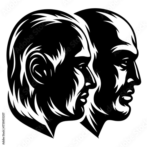 A monochrome illustration of two distinct human heads facing the same direction