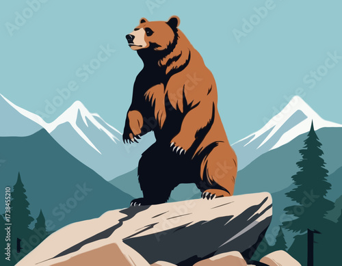 A Powerful Bear Standing Proudly on a Rock Surrounded by a Peaceful Natural Scene vector image