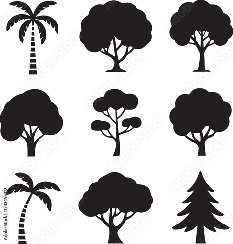 nine tree silhouettes vector set palm deciduous conifer flat black icons ai eps png jpeg for design