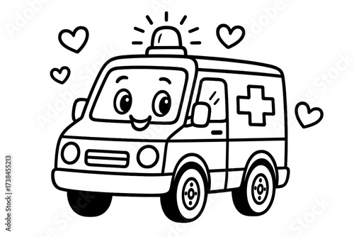 Cartoon Ambulance Coloring. Transport coloring page: ambulance with smiling windows, siren on top, hearts floating, black and