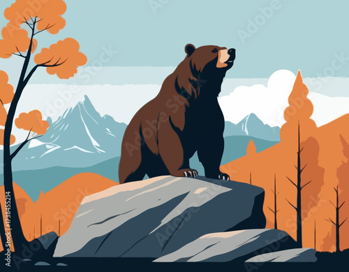A Powerful Bear Standing Proudly on a Rock Surrounded by a Peaceful Natural Scene vector image
