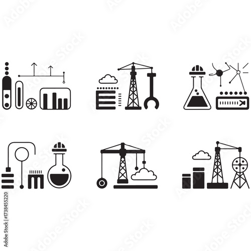 Collection of industrial and scientific icons featuring construction cranes and laboratory equipment