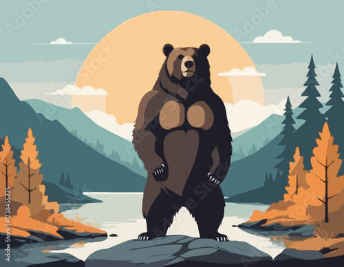 A Powerful Bear Standing Proudly on a Rock Surrounded by a Peaceful Natural Scene vector image