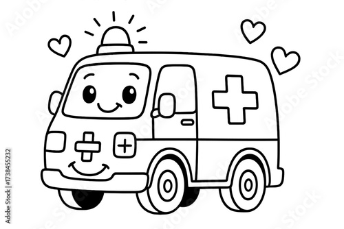Cartoon Ambulance Coloring. Transport coloring page: ambulance with smiling windows, siren on top, hearts floating, black and