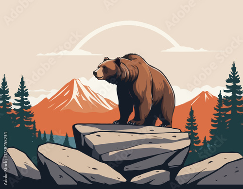 A Powerful Bear Standing Proudly on a Rock Surrounded by a Peaceful Natural Scene vector image