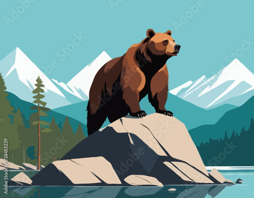 A Powerful Bear Standing Proudly on a Rock Surrounded by a Peaceful Natural Scene vector image