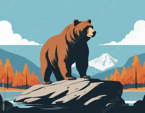 A Powerful Bear Standing Proudly on a Rock Surrounded by a Peaceful Natural Scene vector image