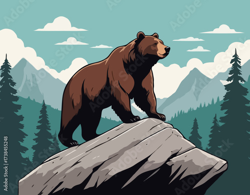A Powerful Bear Standing Proudly on a Rock Surrounded by a Peaceful Natural Scene vector image