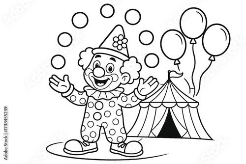 Clown Juggling Circus Fun. Circus coloring page: clown juggling balls, circus tent behind, balloons floating, black and white